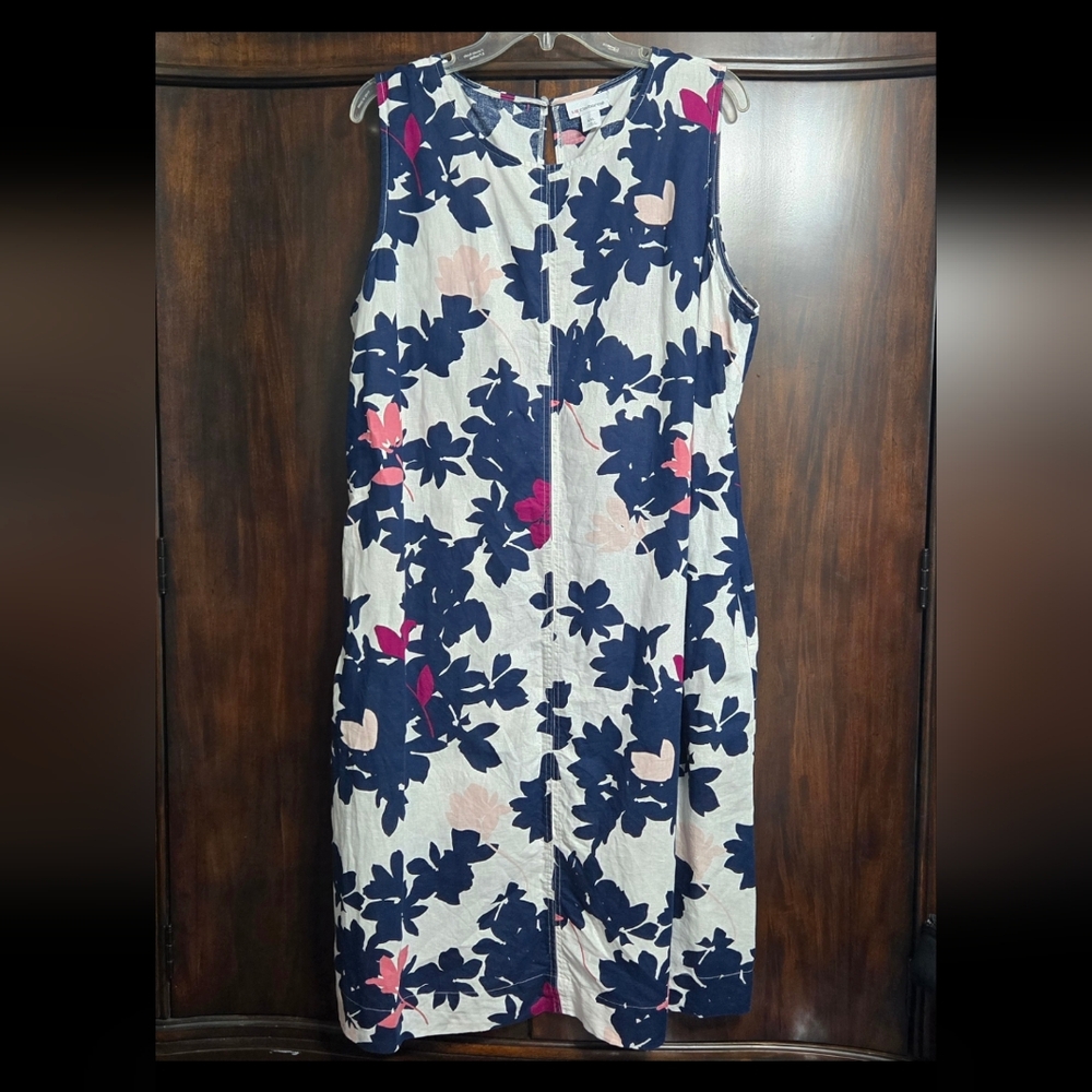 Liz Claiborne Linen Blend Floral Midi Dress Navy and Pink with pockets, 2X